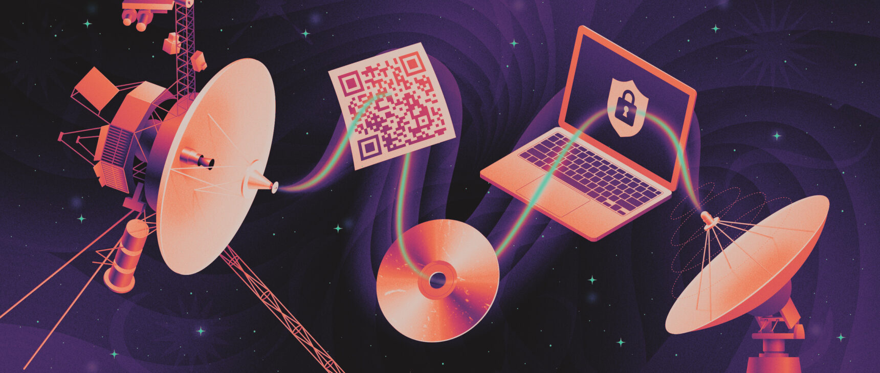 A spacecraft, laptop, QR code and CD